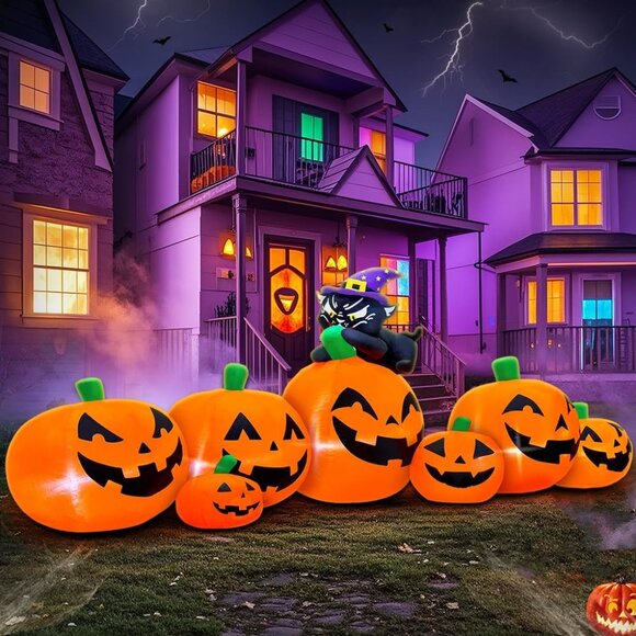 8FT Halloween Inflatables Pumpkin Decorations with Black Cat Holiday Party Lawn - Picture 4 of 6